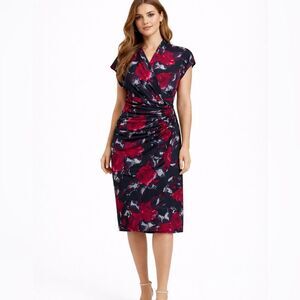 Chaps Red Floral Faux Wrap Sleeveless Dress Size Medium